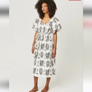 Rhode Augustina Midi Dress Ivory Block Small Cotton Belted Dramatic Puff Sleeves